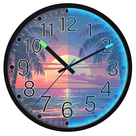 Ryvnso Sunset Sea Landscape 12 Inch Night Light Wall Clock Silent Battery Operated Luminous Clocks