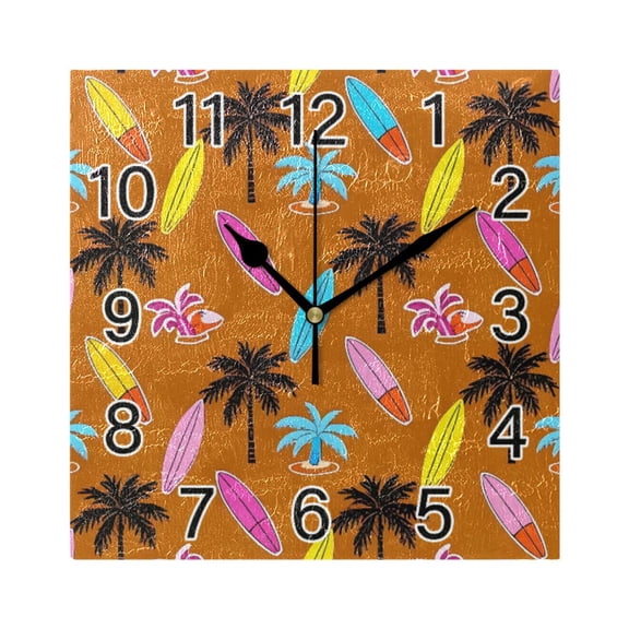 Ryvnso Surfboard Coconut Tree Wall Clock Square Silent Non-Ticking Battery Operated 7.78"