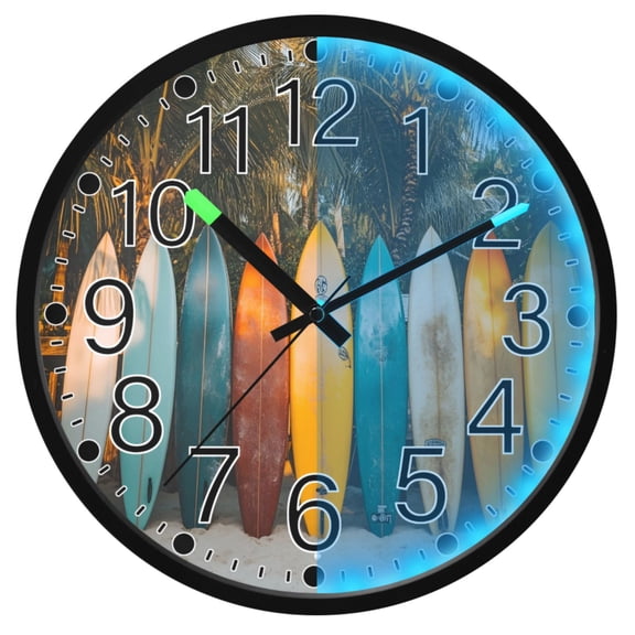 Ryvnso Surfboard Palm Beach 12 Inch Night Light Wall Clock Silent Battery Operated Luminous Clocks