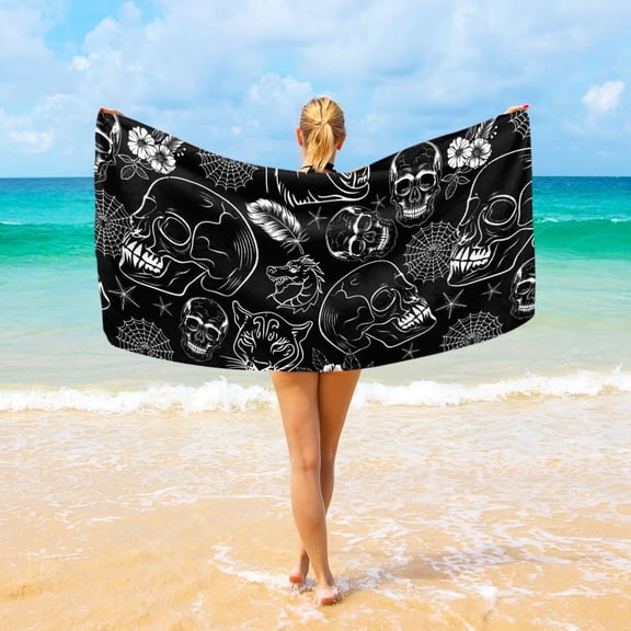 Ryvnso Tattoo Skeletons Skulls Beach Towel Quick Dry Swimming Yoga Beach Towels Large Sand Free Microfiber Towel 31"W x 71"L