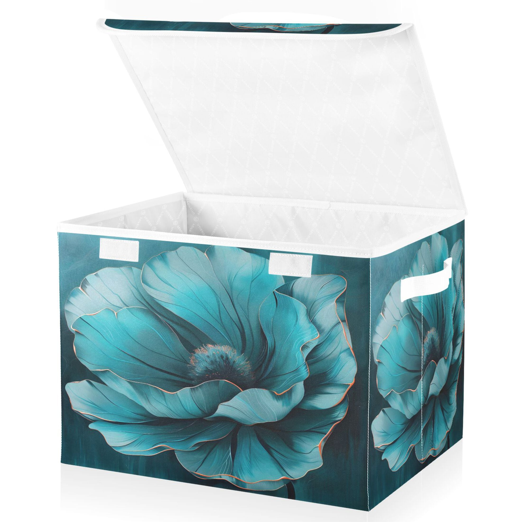 Ryvnso Teal Flower Large Lidded Foldable Storage Baskets Cubes Boxes Lids Bin for Home