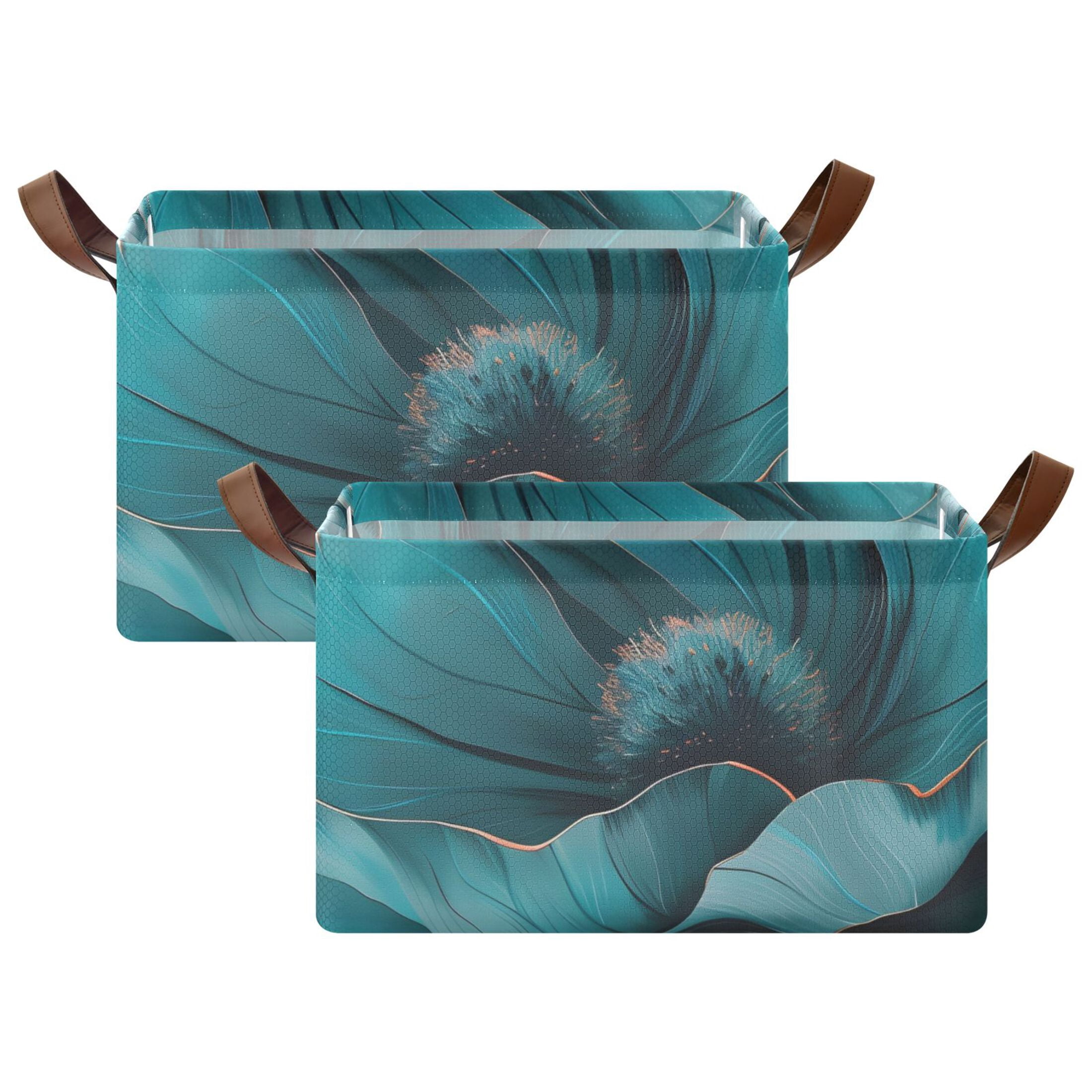 Ryvnso Teal Flower Storage Bins Large Basket Foldable Cube Toys Organizer with Handles 2 PCs
