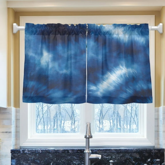 Ryvnso Tie Dye Blue Print Half Curtains Sets Tier 2 Panels Short Curtain Rod Pocket 27"W x 24"L