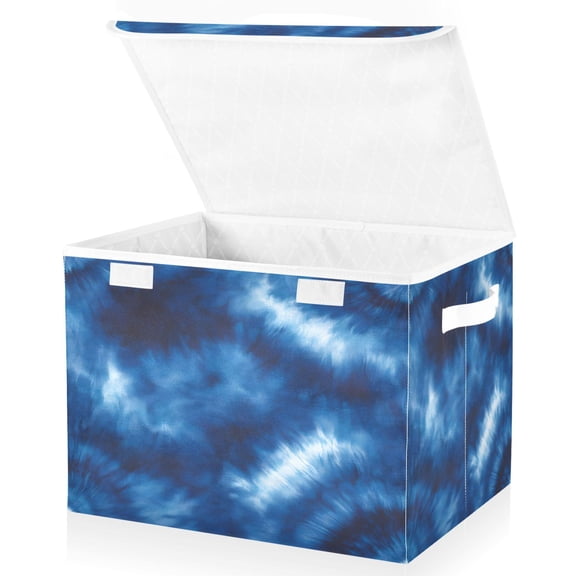 Ryvnso Tie Dye Blue Print Large Lidded Foldable Storage Baskets Cubes Boxes Lids Bin for Home