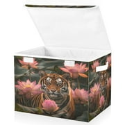 Ryvnso Tiger and Flowers Large Lidded Foldable Storage Baskets Cubes Boxes Lids Bin for Home