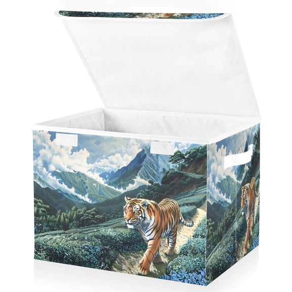 Ryvnso Tiger on Mountain Large Lidded Foldable Storage Baskets Cubes Boxes Lids Bin for Home