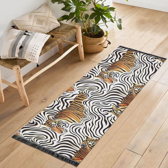 Ryvnso Tigers in Stripes Bedroom Runner Rug 2'x6' Hallway Area Carpet Non Slip Entryway Mat with Tassels
