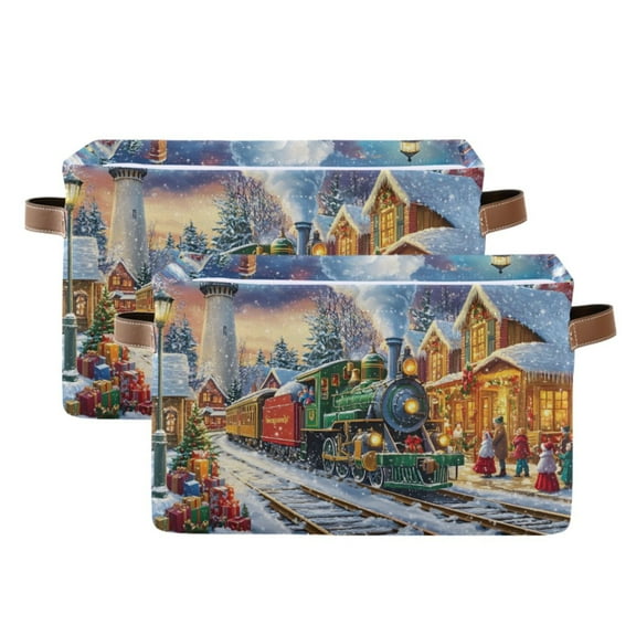 Ryvnso Train in Winter Christmas Storage Basket Large Bin Foldable Boxes Toys Organizer 14.2x10.2x8.3in 2 PCs