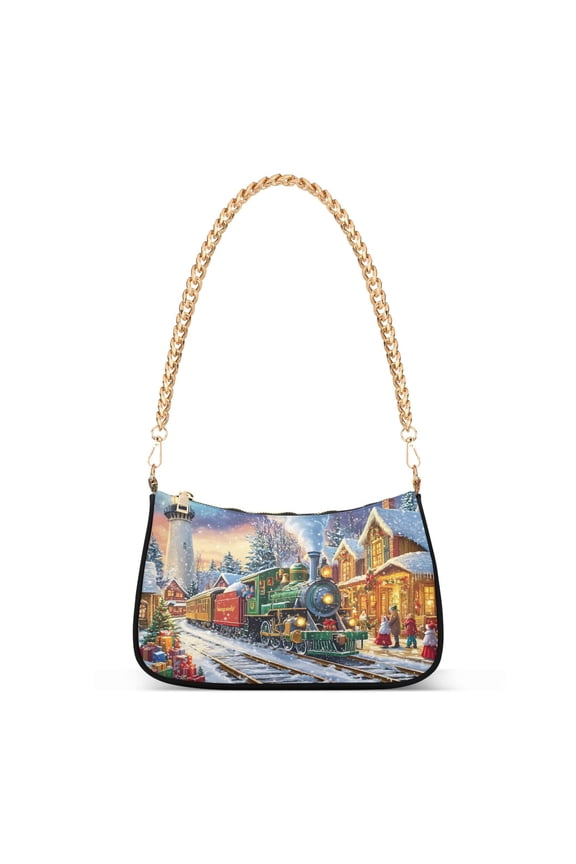 Train in Winter Christmas Womens Chain Shoulder Bag Tote Handbags Clutch Hobo Purse with Zipper for Travel