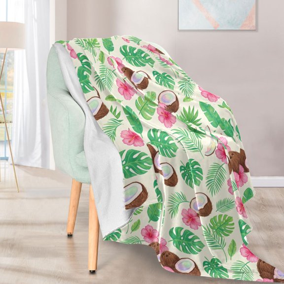 Ryvnso Tropical Coconut Hibiscus Pattern Flannel Throw Blankets for Sofa Bed Couch 50 x 60 inch