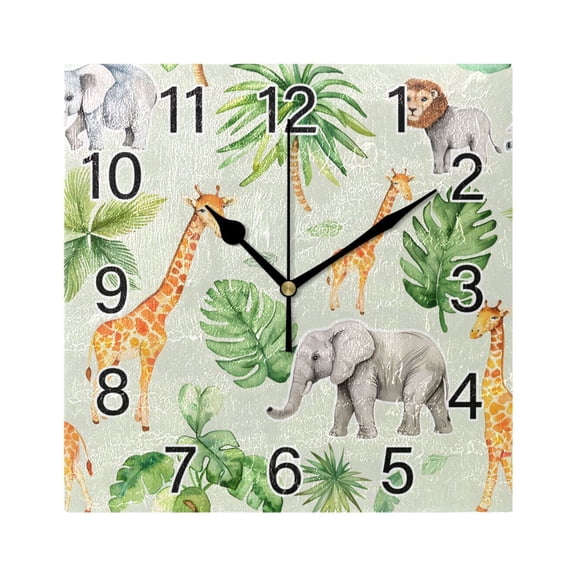 Ryvnso Tropical Elephant Giraffe Wall Clock Square Silent Non-Ticking Battery Operated 7.78"