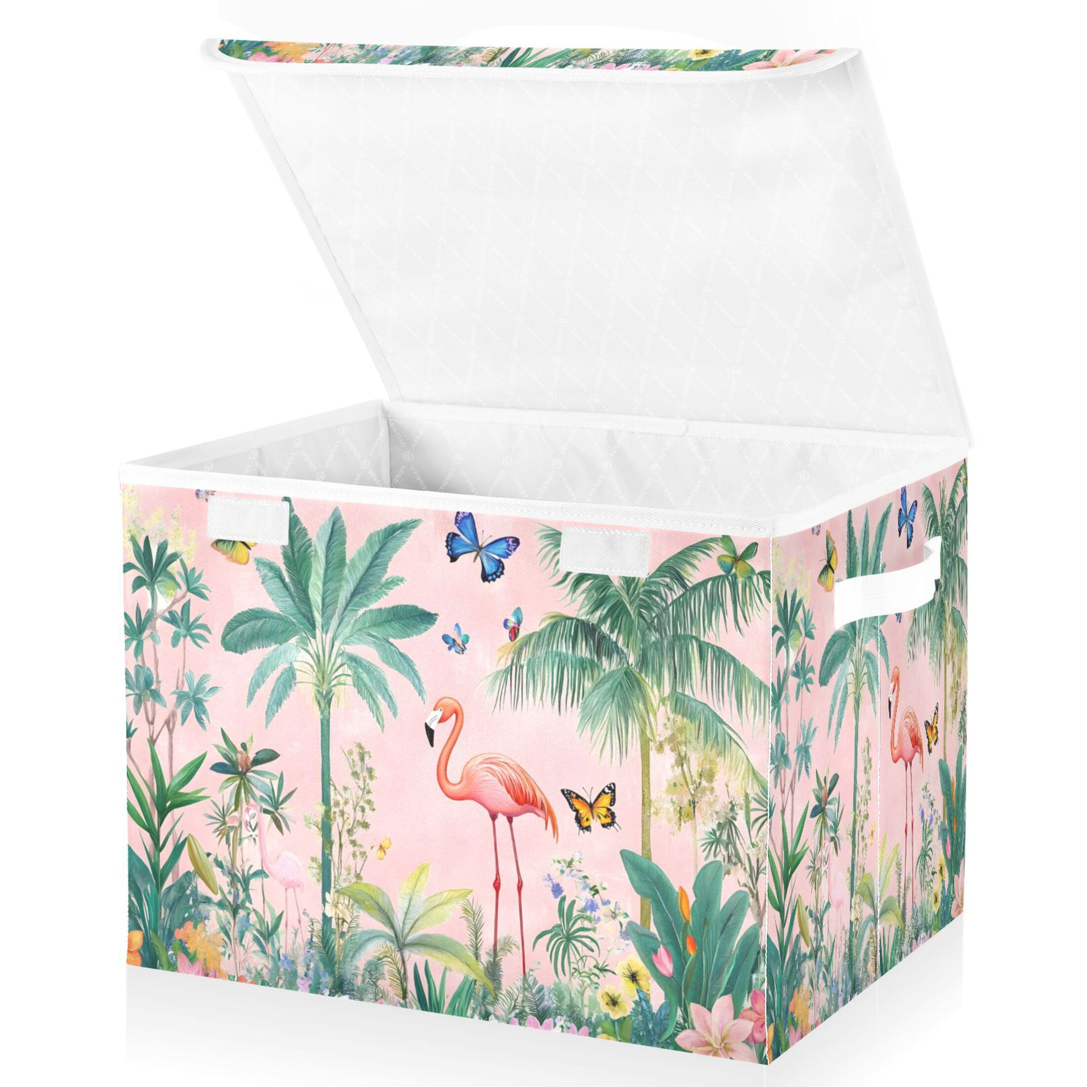 Ryvnso Tropical Flamingo Butterfly Large Lidded Foldable Storage Baskets Cubes Boxes Lids Bin for Home