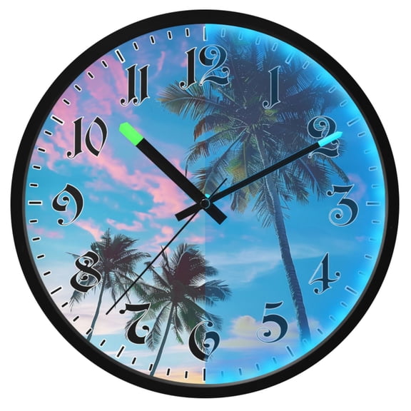 Ryvnso Tropical Palm Tree and Sky 12 Inch Night Light Wall Clock Luminous Silent Battery Operate Clocks