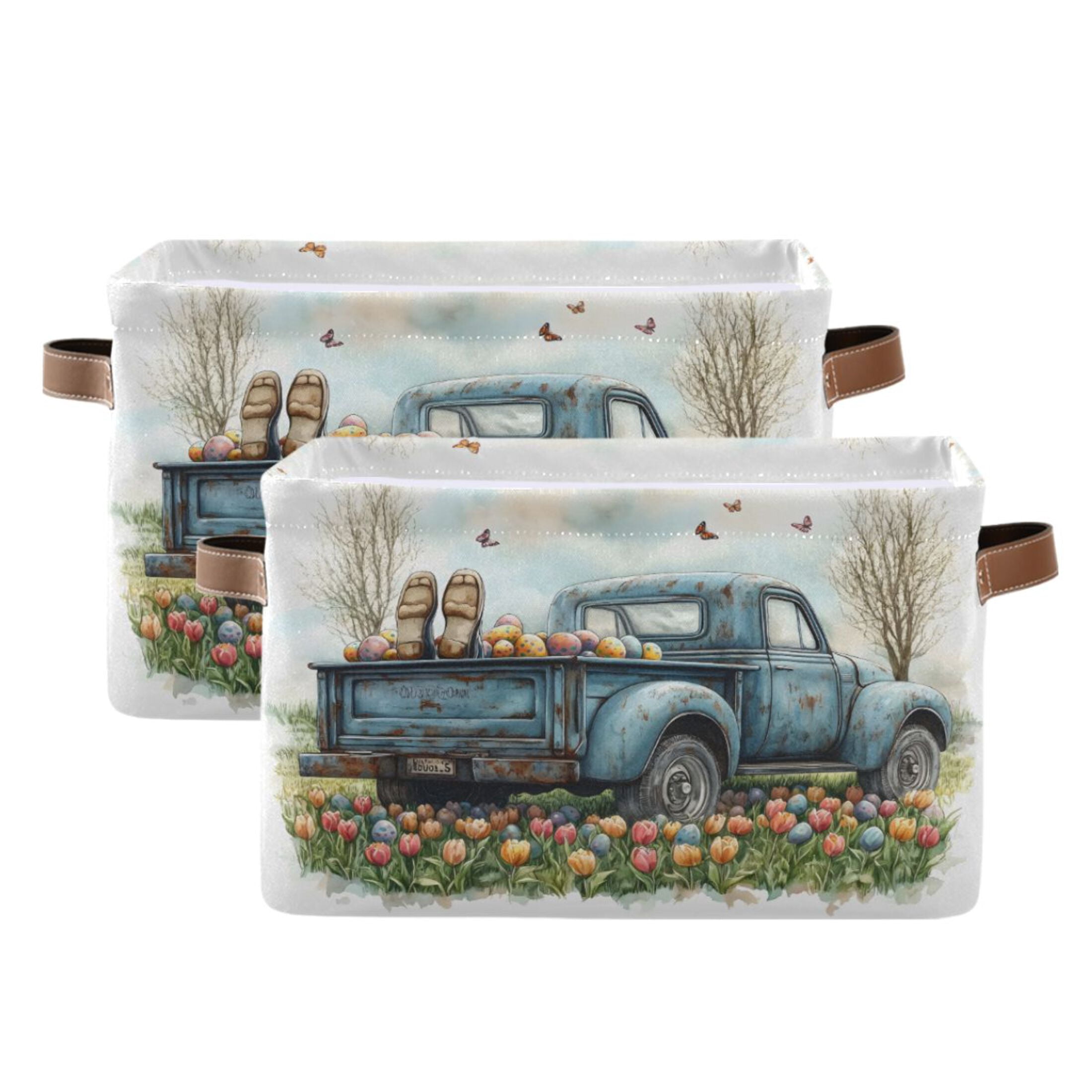 Ryvnso Truck Easter Storage Basket Large Bin Foldable Boxes Toys Organizer 14.2x10.2x8.3in 2 PCs