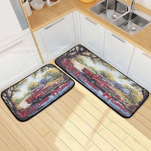 Ryvnso Truck Scene Oil Paint Kitchen Rugs Set Non Slip Runner Mats for Dining Room