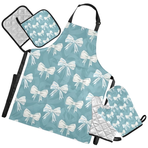 Ryvnso Turquoise Bows Kitchen Apron Oven Mitts Set Pot Holders
