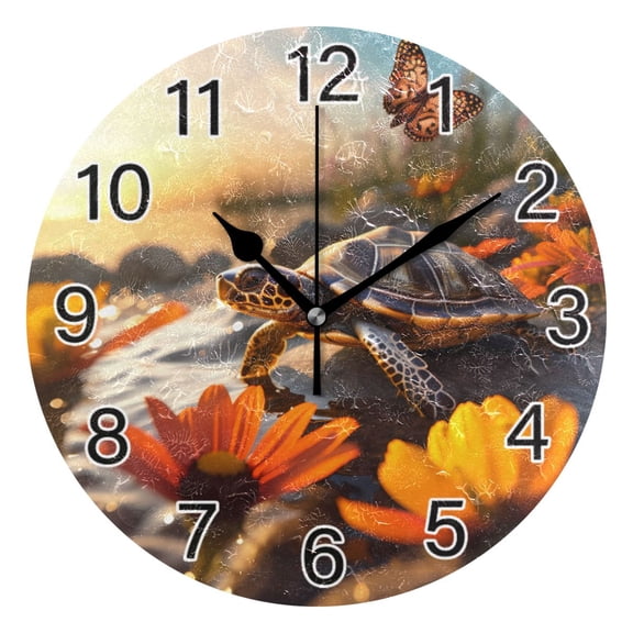 Ryvnso Turtle Flowers Sunset Wall Clock Non Ticking Silent Kitchen Clock Battery Operated Clocks 10 inch