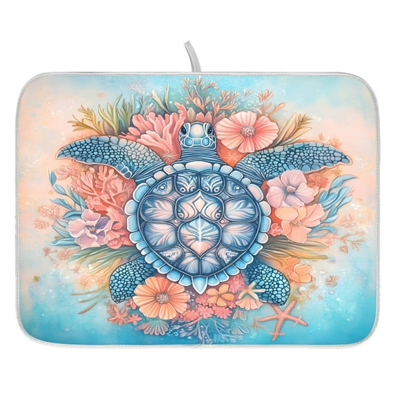 Ryvnso Turtle and Flower Dish Drying Mat for Kitchen Countertop 18x24 Large Dish Pad Drainer Rack Dish Sink Mats