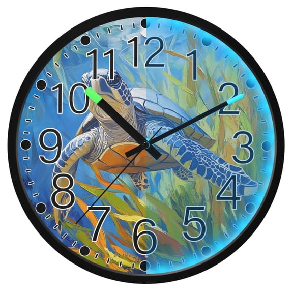 Ryvnso Turtle and Grass 12 Inch Night Light Wall Clock Silent Battery Operated Luminous Clocks