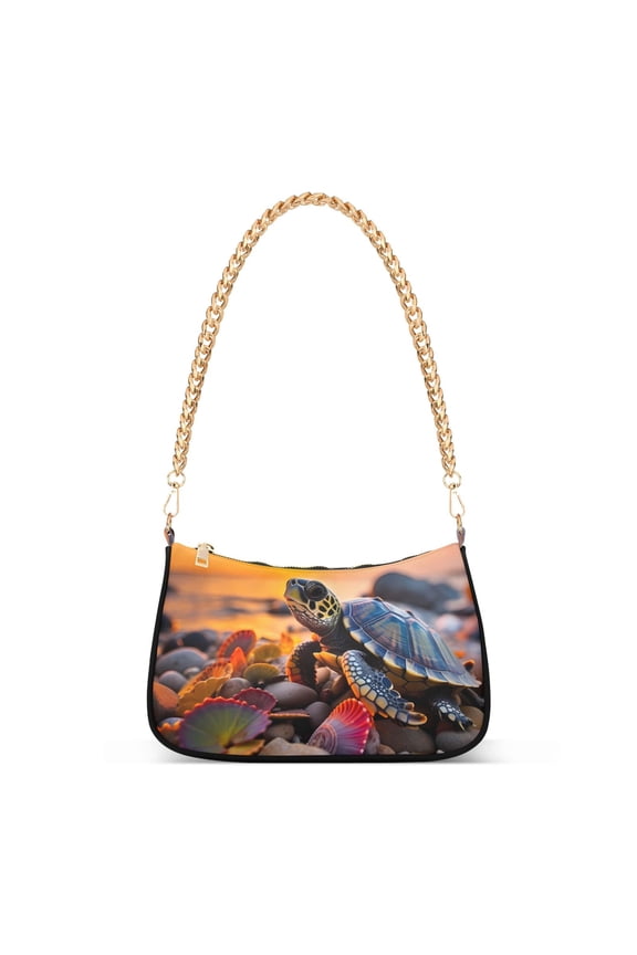 Turtle with Sunset Womens Chain Shoulder Bag Tote Handbags Clutch Hobo Purse with Zipper for Travel