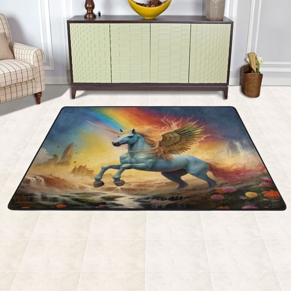 Ryvnso Unicorn Flying Rainbow and Flower Area Floor Mats Large Nursery Rugs Non-Slip Carpets Doormat 72" x 48"