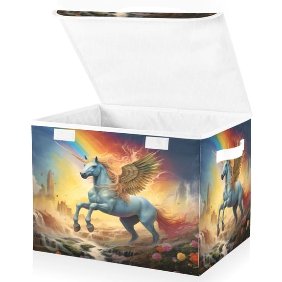 Ryvnso Unicorn Flying Rainbow and Flower Large Lidded Foldable Storage Baskets Cubes Boxes Lids Bin for Home