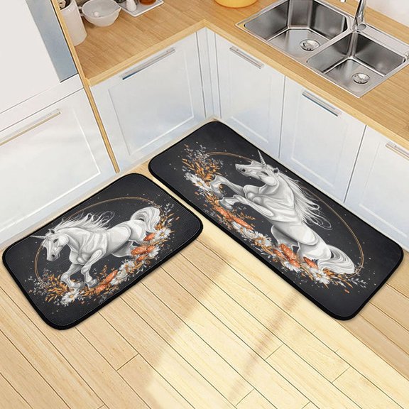 Ryvnso Unicorn on Mushroom Kitchen Rugs Set Non Slip Runner Mats for Dining Room