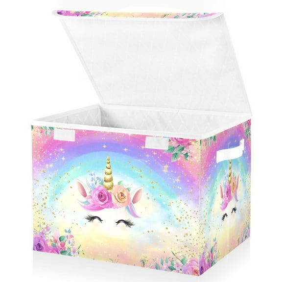 Ryvnso Unicorn with Rainbow Large Lidded Foldable Storage Baskets Cubes Boxes Lids Bin for Home