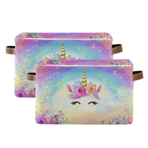 Ryvnso Unicorn with Rainbow Storage Basket Large Bin Foldable Boxes Toys Organizer 14.2x10.2x8.3in 2 PCs