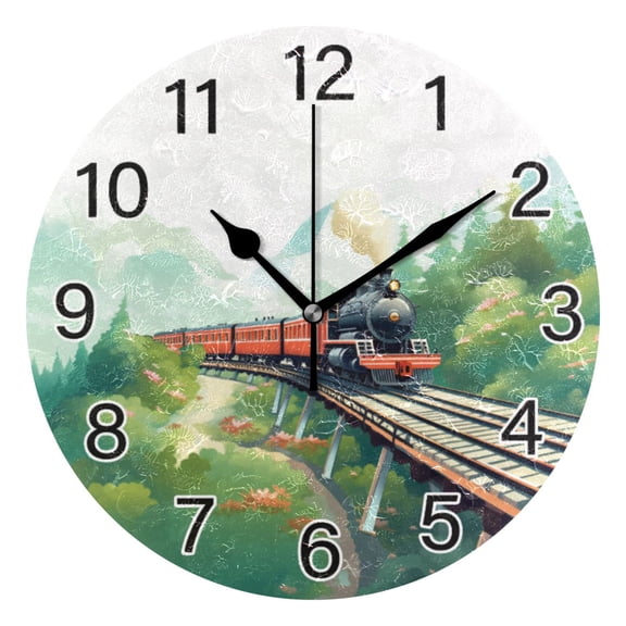 Ryvnso Vehicle Train Landscape Wall Clock Non Ticking Silent Kitchen Clock Battery Operated Clocks 10 inch