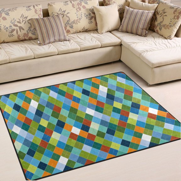 Ryvnso Vintage Checkered Grid Area Rug Floor Mats Non-Slip Home Carpet 63 x 48 inch