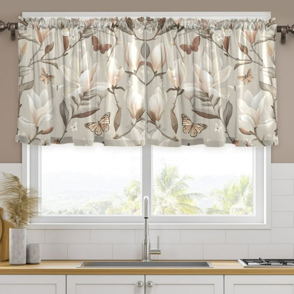 Ryvnso Vintage Magnolia Flowers Butterflies Curtains Sets Short Curtain Rod Pocket Half Window Cafe Farmhouse Tier 2 Panels 57"W x 24"L