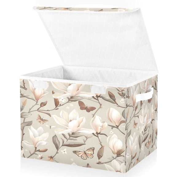 Ryvnso Vintage Magnolia Flowers Butterflies Large Lidded Foldable Storage Baskets Cubes Boxes Lids Bin for Home