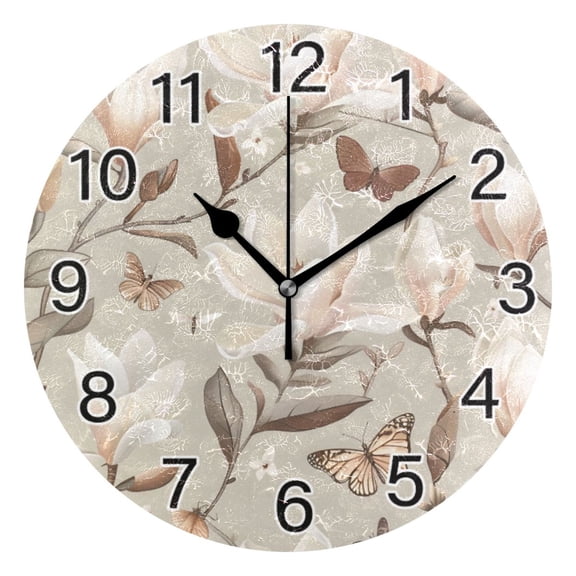 Ryvnso Vintage Magnolia Flowers Butterflies Wall Clock Non Ticking Silent Kitchen Clock Battery Operated Clocks 10 inch