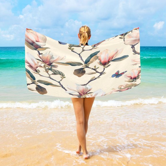 Ryvnso Vintage Magnolia and Butterflies Oversized Beach Towel Microfiber Bath Blankets Swimming Fitness 37" x 74"