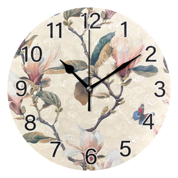 Ryvnso Vintage Magnolia and Butterflies Wall Clock Non Ticking Silent Kitchen Clock Battery Operated Clocks 10 inch