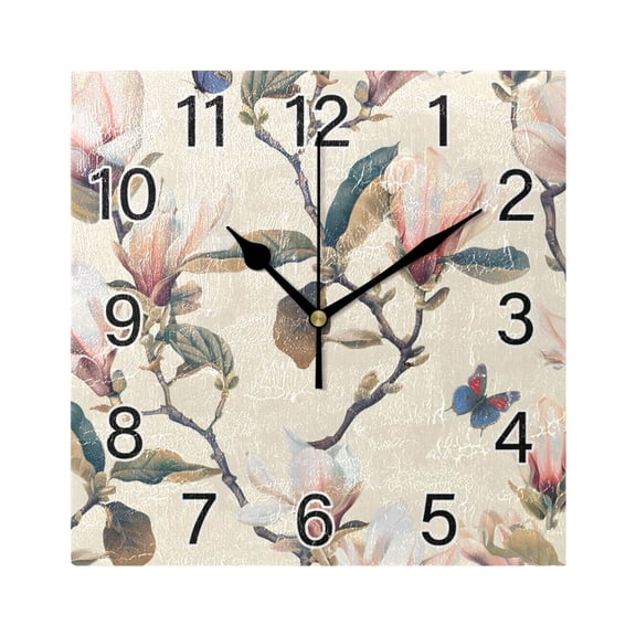 Ryvnso Vintage Magnolia and Butterflies Wall Clock Square Silent Non-Ticking Battery Operated 7.78"