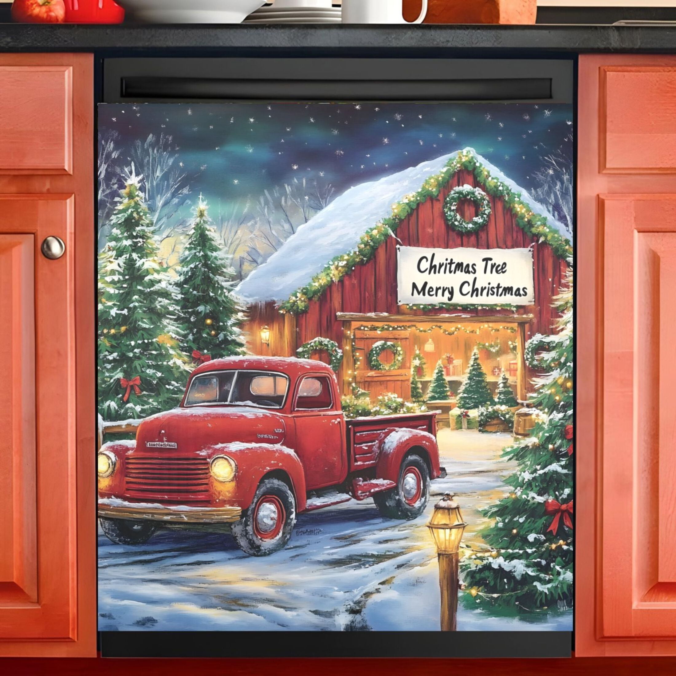Ryvnso Vintage Truck Christmas Dishwasher Magnetic Refrigerator Magnet Cover Kitchen Home Decorative 23"x26"