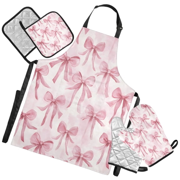 Ryvnso Watercolor Bow Kitchen Apron Oven Mitts Set Pot Holders