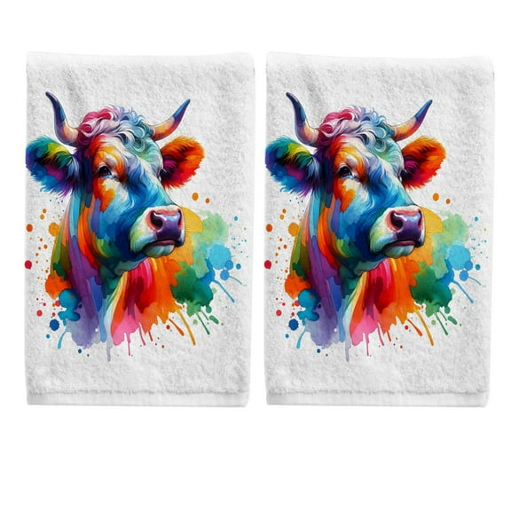 Ryvnso Watercolor Cow Colorful Hand Towels Set for Bathroom Cotton Face Towel Decorative 15.5x29.5 inch