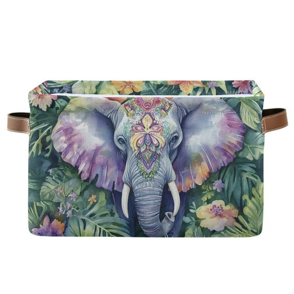 Ryvnso Watercolor Elephant Storage Basket Large Bin Foldable Boxes Toys Organizer 14.2x10.2x8.3in 1 PC