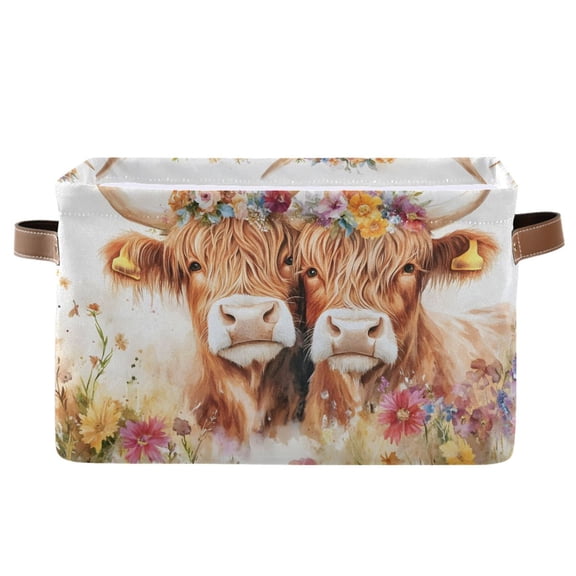Ryvnso Watercolor Highland Cattle Storage Basket Large Bin Foldable Boxes Toys Organizer 14.2x10.2x8.3in 1 PC