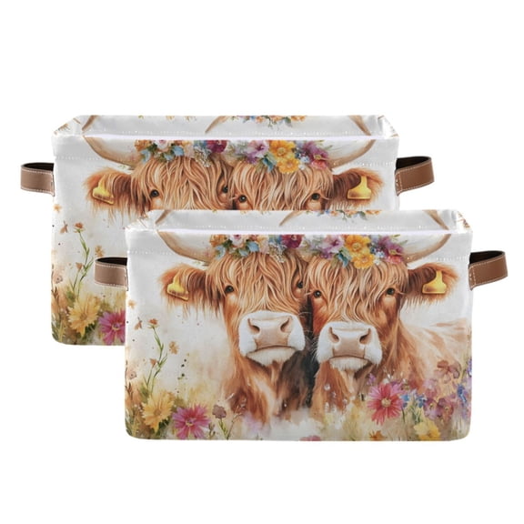Ryvnso Watercolor Highland Cattle Storage Basket Large Bin Foldable Boxes Toys Organizer 14.2x10.2x8.3in 2 PCs