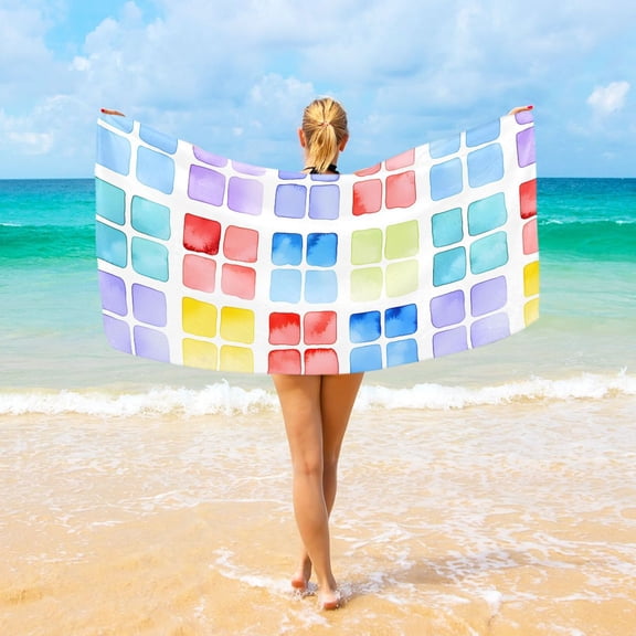 Ryvnso Watercolor Rainbow Squares Beach Towel Quick Dry Swimming Yoga Beach Towels Large Sand Free Microfiber Towel 31"W x 71"L
