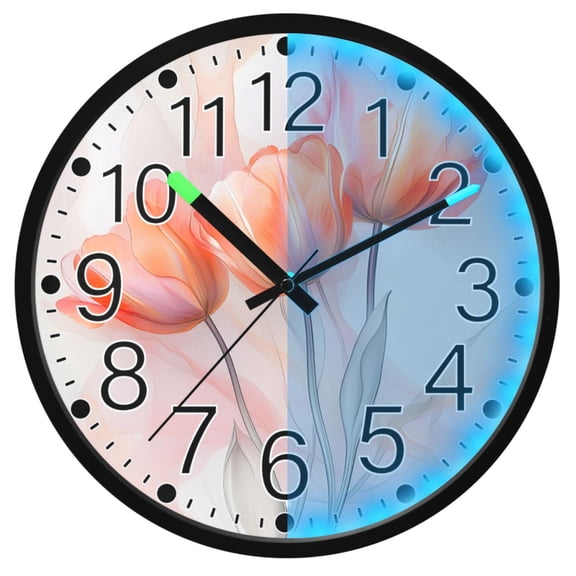 Ryvnso Watercolor Tulips Flower 12 Inch Night Light Wall Clock Silent Battery Operated Luminous Clocks