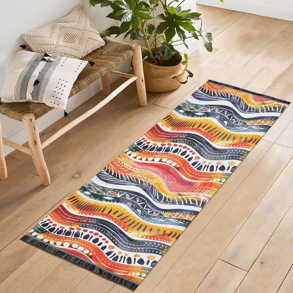 Ryvnso Watercolor Wave Lines Bedroom Runner Rug 2'x6' Hallway Area Carpet Non Slip Entryway Mat with Tassels