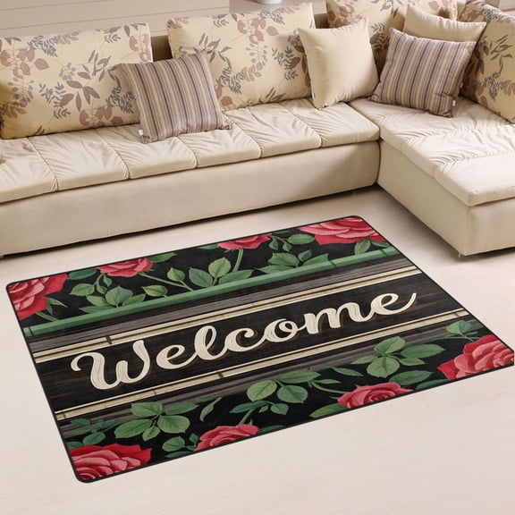 Ryvnso Welcome in Roses Area Floor Mat Non-Slip Carpet Soft Rugs Doormats 31" x 20"