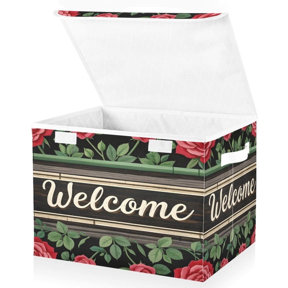 Ryvnso Welcome in Roses Large Lidded Foldable Storage Baskets Cubes Boxes Lids Bin for Home