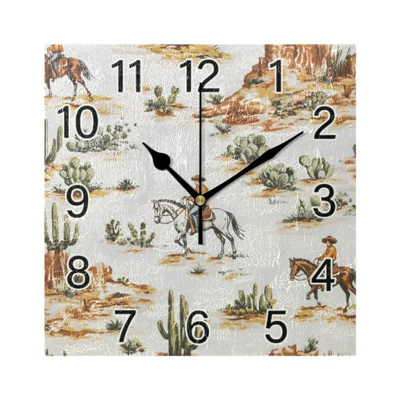 Ryvnso Western Cactus Pattern Wall Clock Square Silent Non-Ticking Battery Operated 7.78"