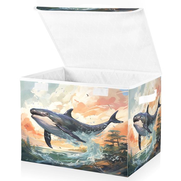 Ryvnso Whale Jumping Large Lidded Foldable Storage Baskets Cubes Boxes Lids Bin for Home